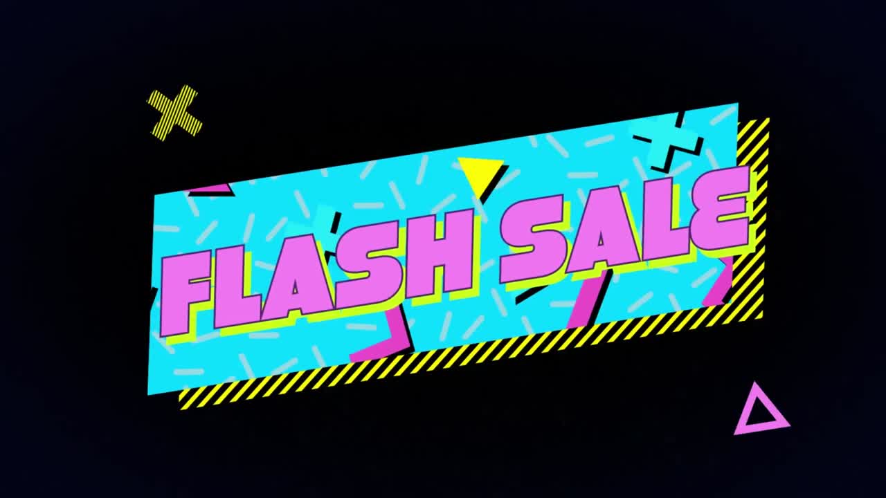 움직이는 다채로운 모양 위에 플래시 판매 텍스트의 애니메이션