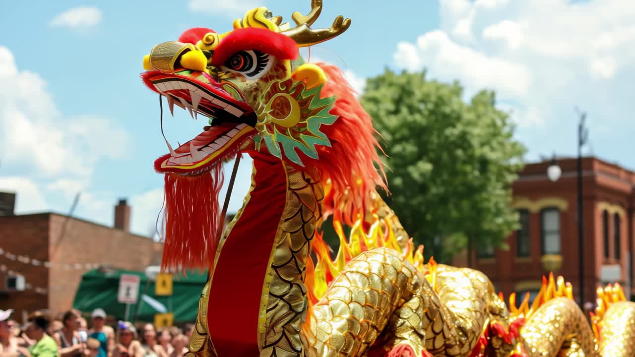 Traditional chinese golden dragon with red and gold scales parading in the street during chinese new year celebrations with blurred people in the background