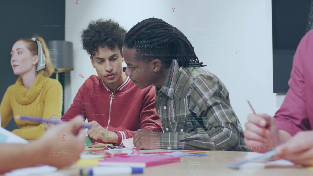Two men picking color paper, folding in design studio, bringing subtle code overlays for model