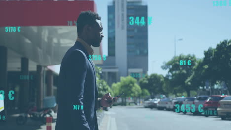 animation of financial data processing over african american man walking in sunny city street