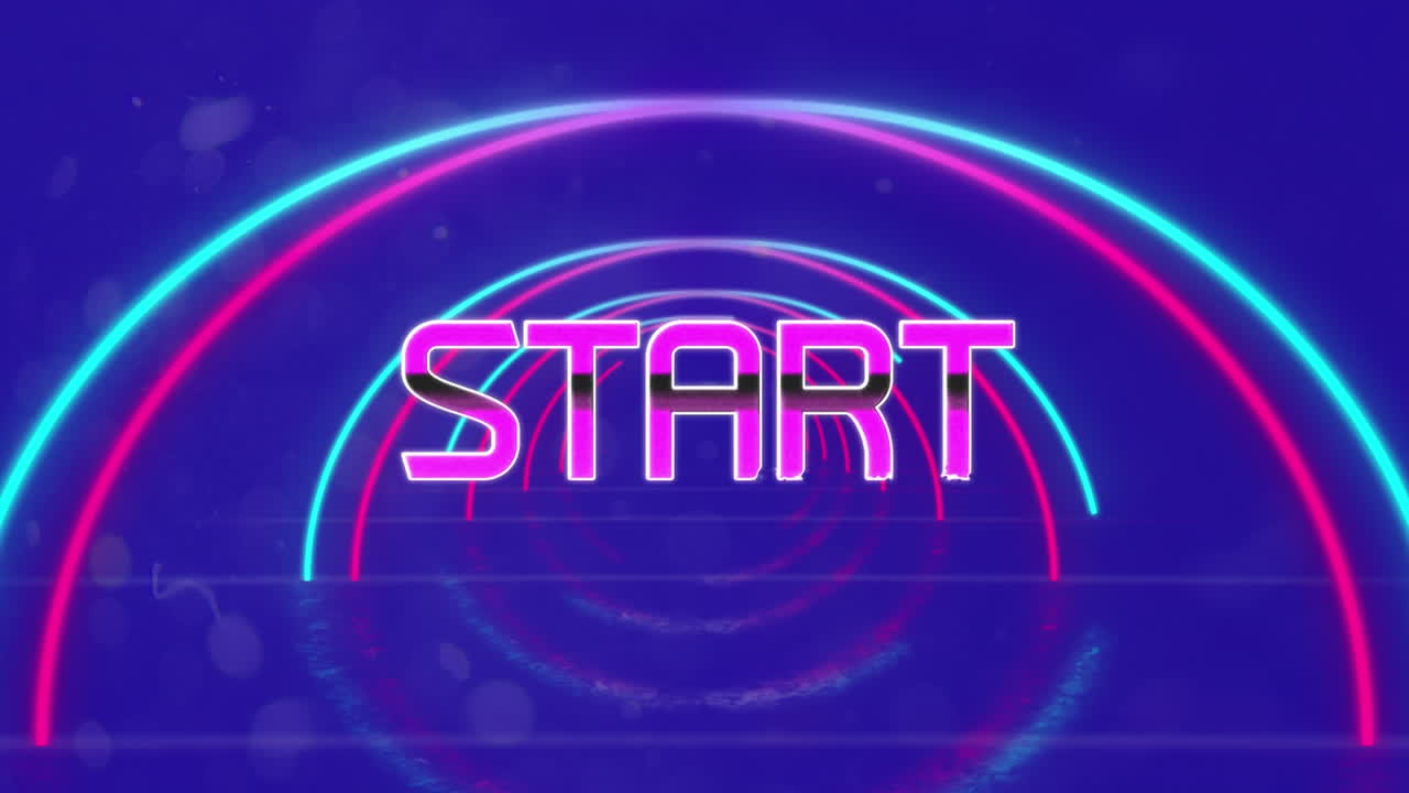 Animation of start text over neon shapes on blue background