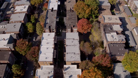 antena sobre un barrio histórico en el otoño con una inclinación hacia arriba para revelar un seminario en el parque y el horizonte de la ciudad