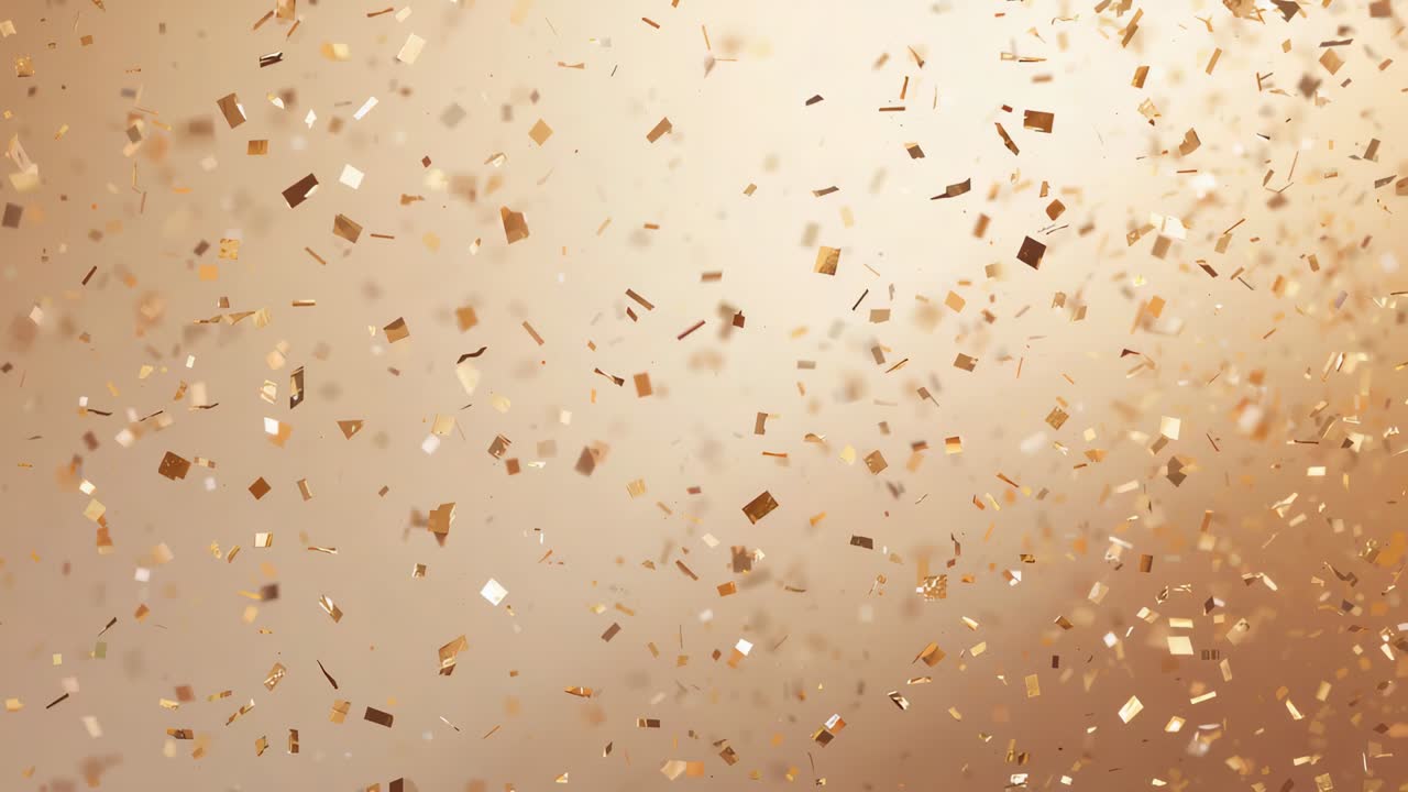 Gravitasi menarik confetti persegi emas padat dan rose gold yang bergerak di atas latar belakang hangat, menangkap cahaya