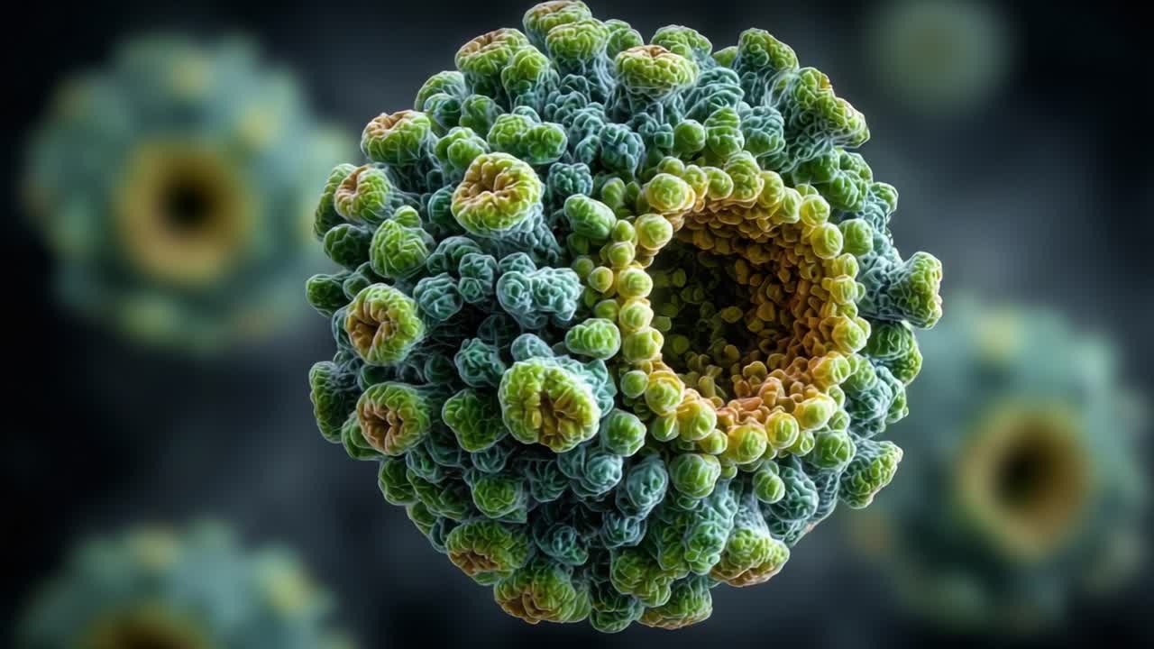 Imaging ad Alta Risoluzione di una Struttura Microscopica: Una visione dettagliata di un virus colorato e delle sue caratteristiche morfologiche uniche.