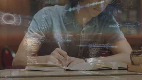 Multiple-screens-with-data-processing-over-caucasian-male-student-studying-in-library-at-college