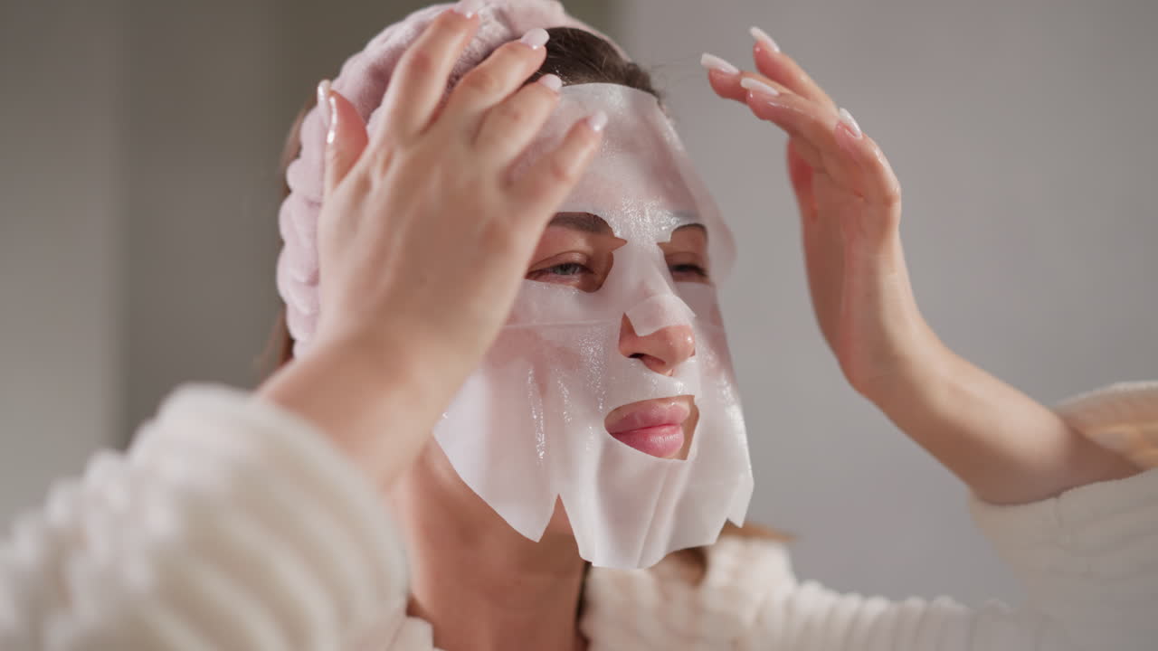 mujer aplica una máscara facial a la cara en el baño. mujer morena se relaja haciendo tratamientos de belleza usando una máscara refrescante en la ducha en cámara lenta