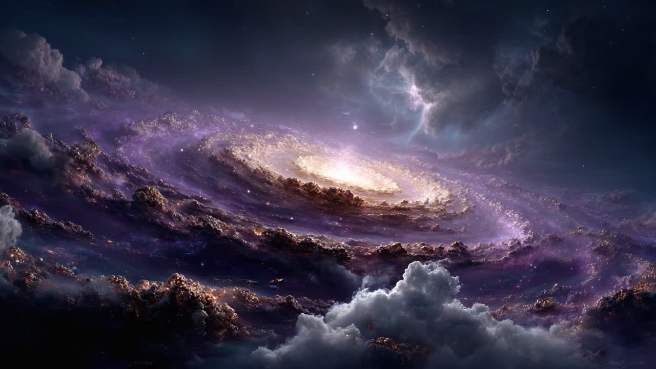 A Stunning Visual Journey Through the Cosmos: Witness the Majestic Spiral Galaxy Surrounded by Ethereal Clouds and Radiant Stars in This Cosmic Display of Beauty and Wonder