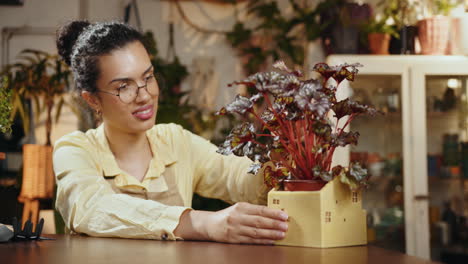 woman inspecting a plant in a flower shop
