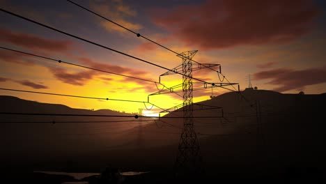 the high voltage electricity tower on mountains at sunset. 4k time lapse of sunset with transmission electricity steel pylon tower, electricity pylons in the countryside