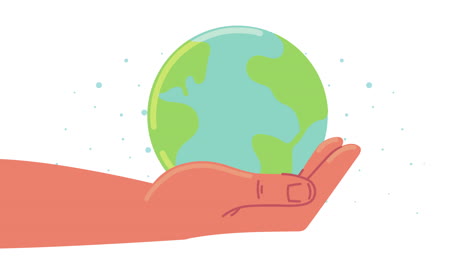 animación de ecología con la mano levantando el planeta tierra