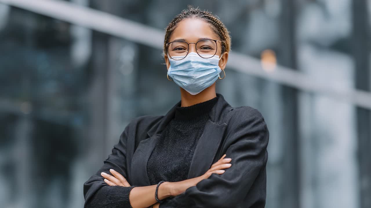 Confident Woman Wearing a Face Mask and Glasses Poses with Arms Crossed in a Modern Urban Environment, Embodying Resilience and Style Amidst Uncertain Times