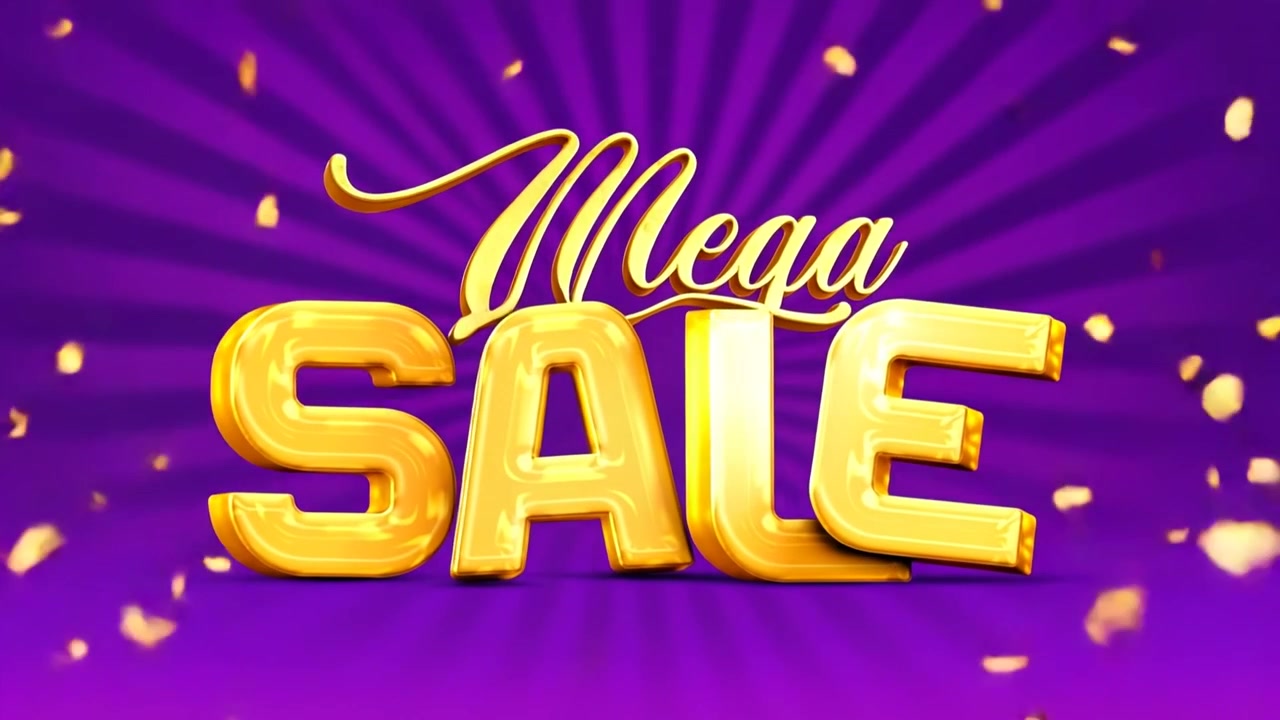 Animazione banner promozionale Mega Saldi con tipografia 3D dorata e coriandoli su sfondo viola