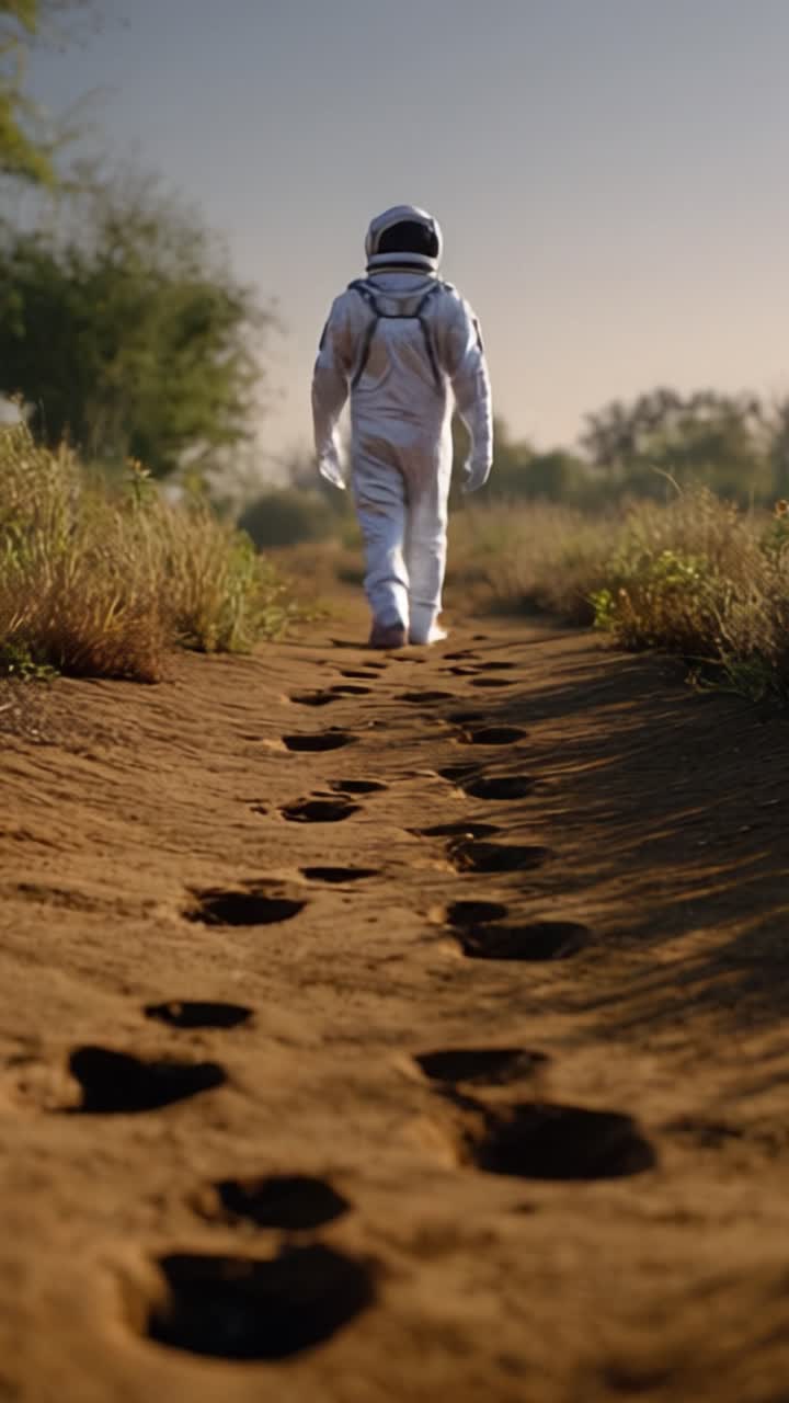 Un astronauta si allontana lungo un sentiero sterrato, lasciando impronte, a simboleggiare l'esplorazione e il viaggio di scoperta nella natura selvaggia sconosciuta oltre la Terra.
