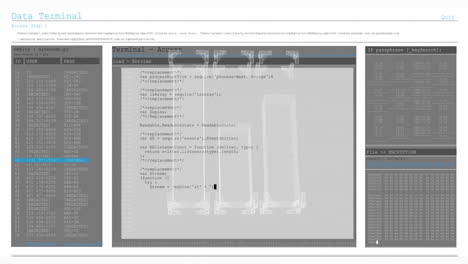 code entries and data terminal access animation over technical interface