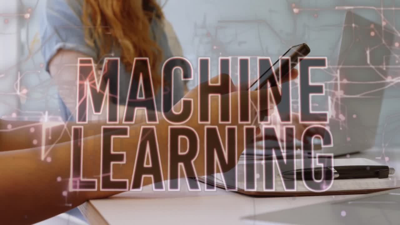 Animation of machine learning text over caucasian businesswoman using smartphone