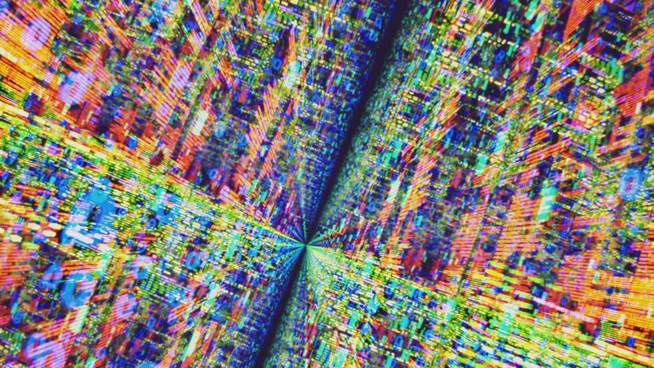 다채로운 무한한 컴퓨터 프로그램 코드, 데이터, 시각 루프로 날아갑니다.