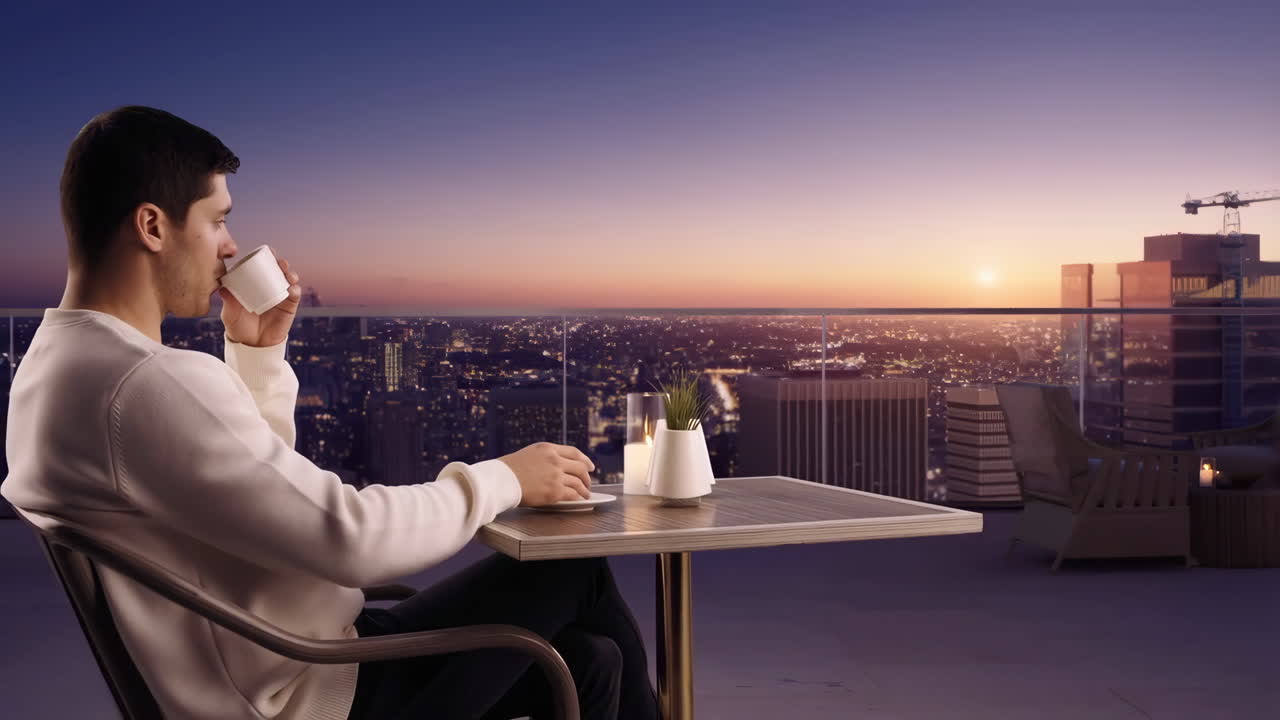 Man Enjoying a Drink on a Balcony with a City Sunset View