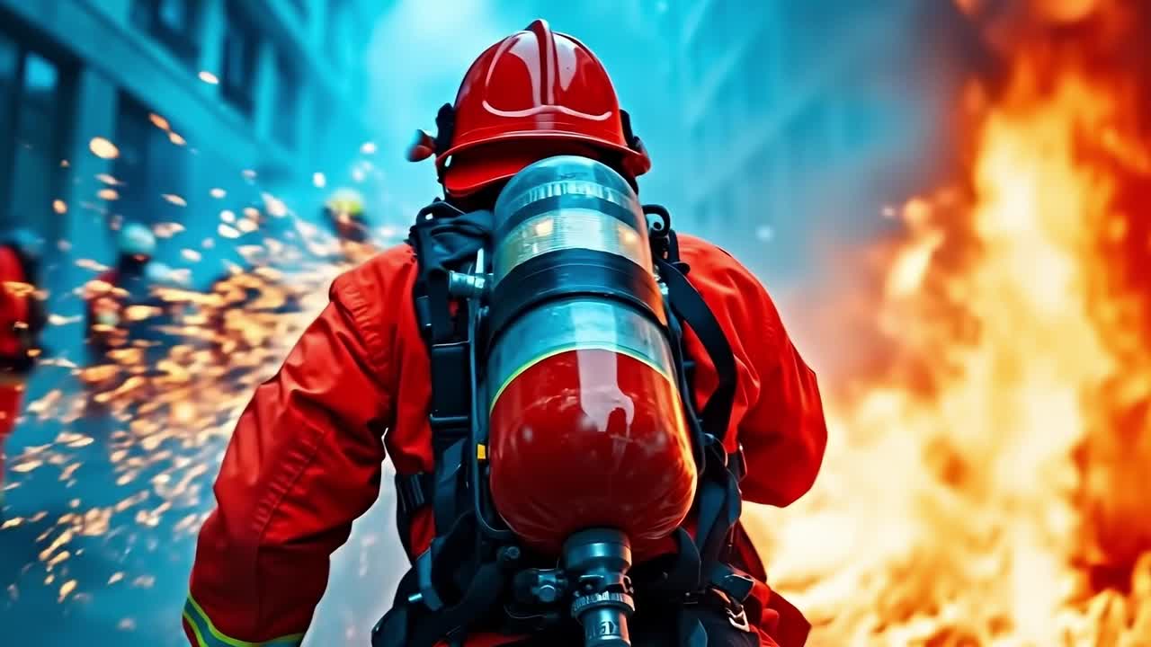 Firefighter with a fire extinguisor in front of a burning building