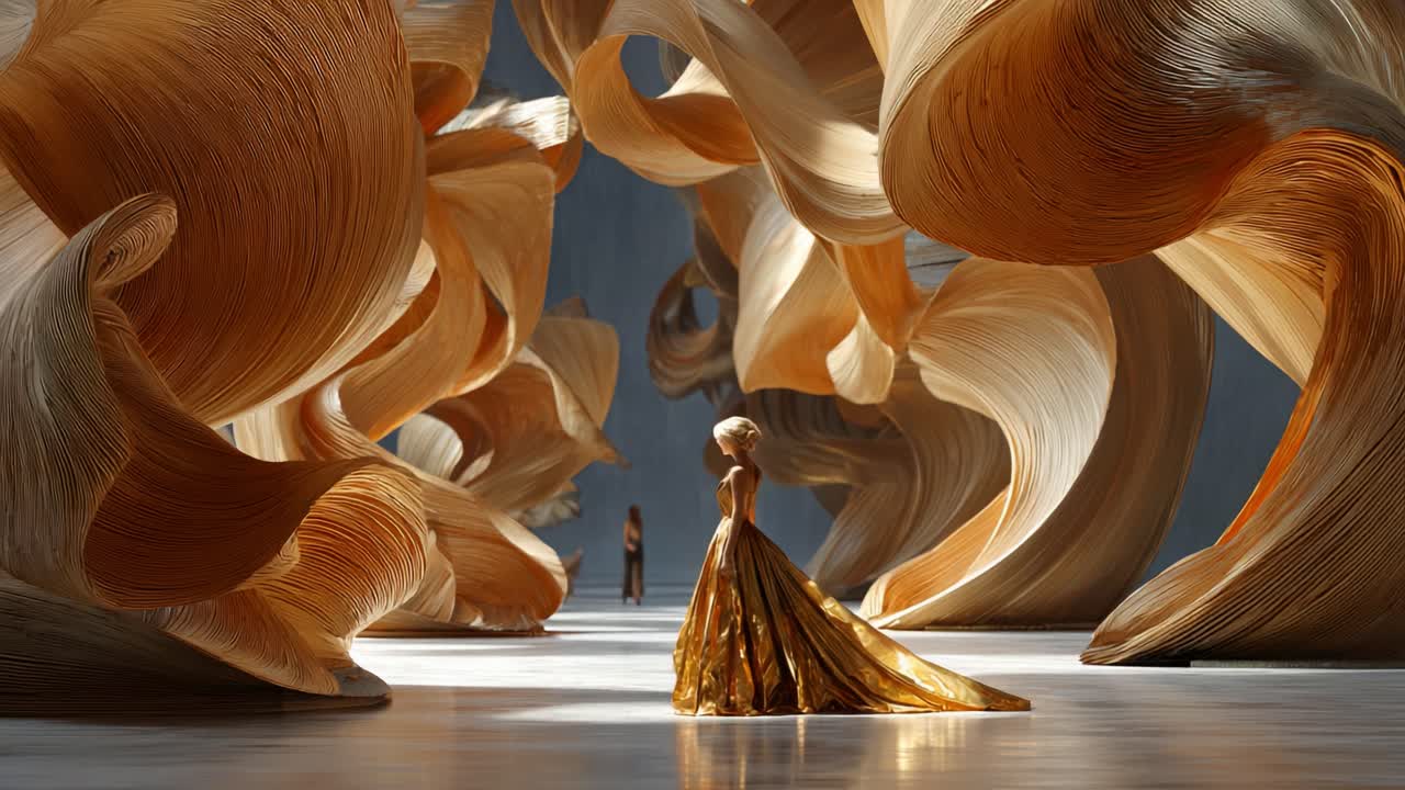 Woman in Golden Dress in an Abstract Art Installation