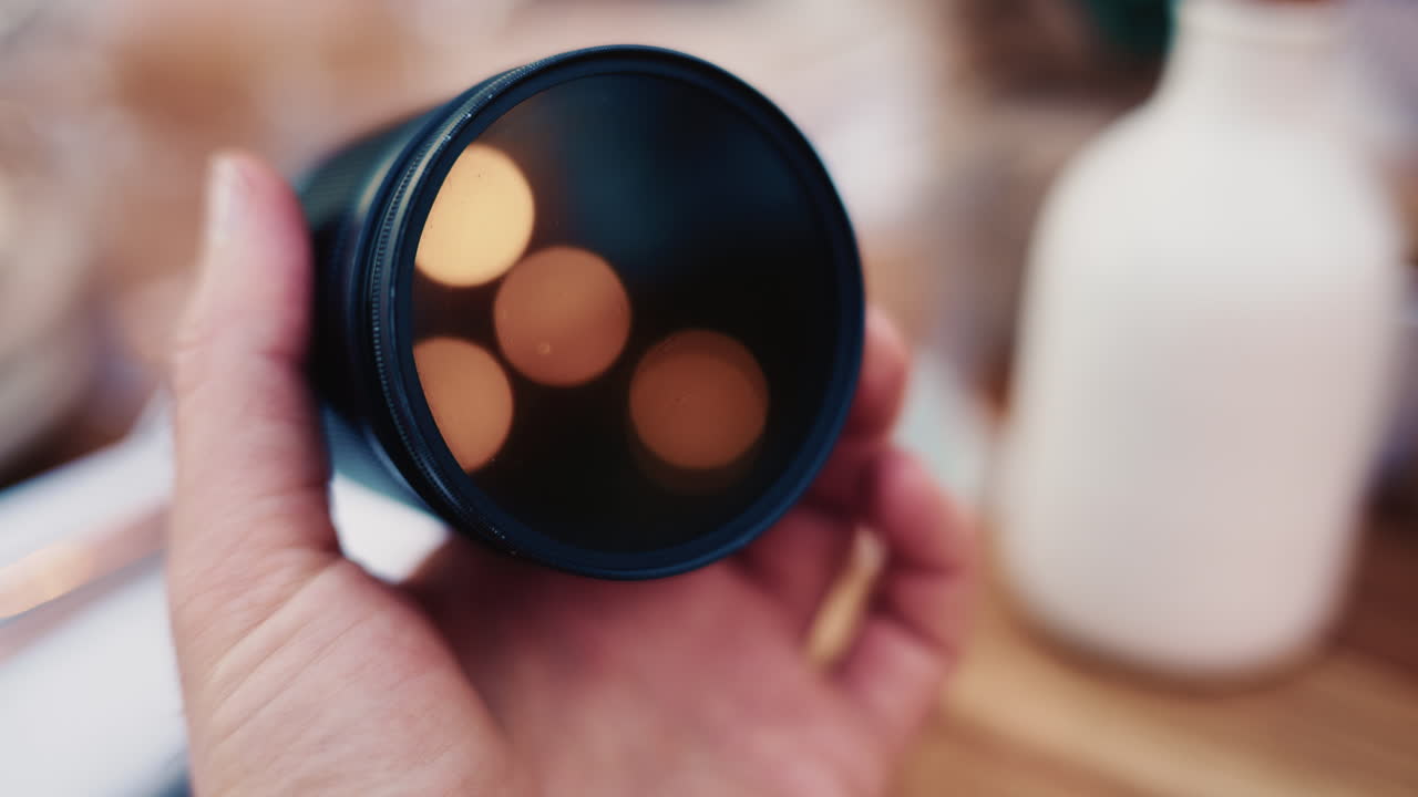 Lähikuva kameran linssistä, jossa lämpimiä bokeh-valonheijastuksia lasin sisällä