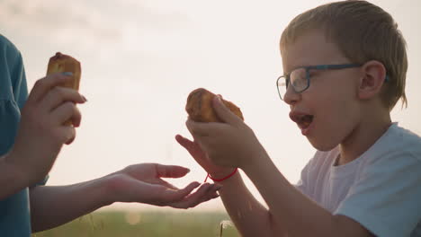 a woman in a blue dress, partially visible, holds two snacks as she offers one to a young boy wearing glasses and a white shirt. the boy, sitting and chewing, watches her in a peaceful grassy field