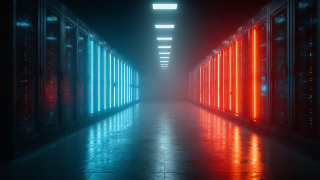 Una Visuale Impressionante di un Corridoio di Data Center Futuristico con Rack di Server Illuminati in Blu e Rosso, che Crea un'Atmosfera Dinamica di Tecnologia e Innovazione