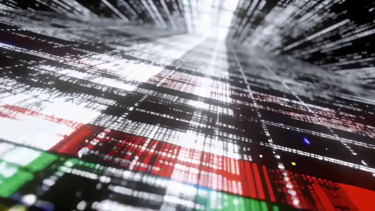 Cam push sending patterned plane moving toward bright center in data tunnel, with color bars