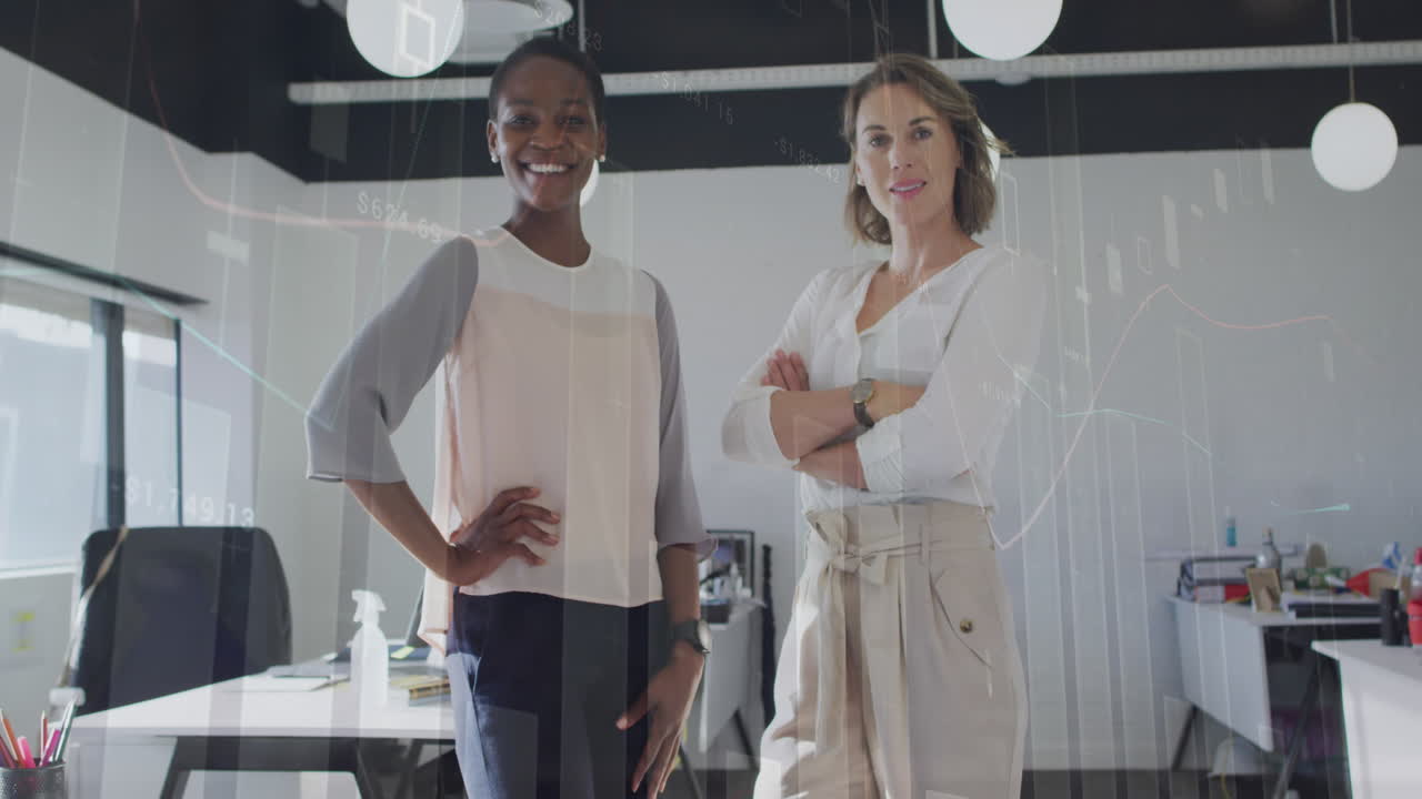 Animation of financial data processing over diverse business people at office