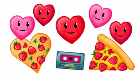 whimsical hearts and strawberry pizza with retro cassette