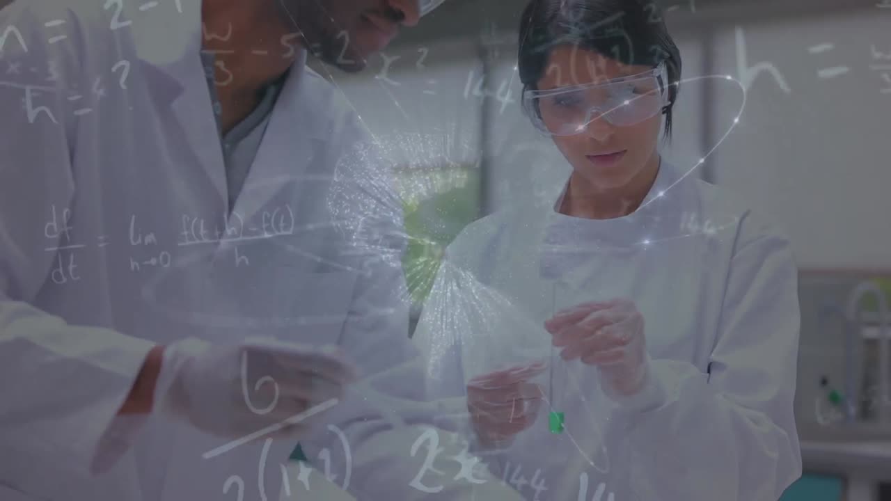 실험실 도시 풍경에서 다양한 과학자에 대한 수학 방정식과 지구의 애니메이션