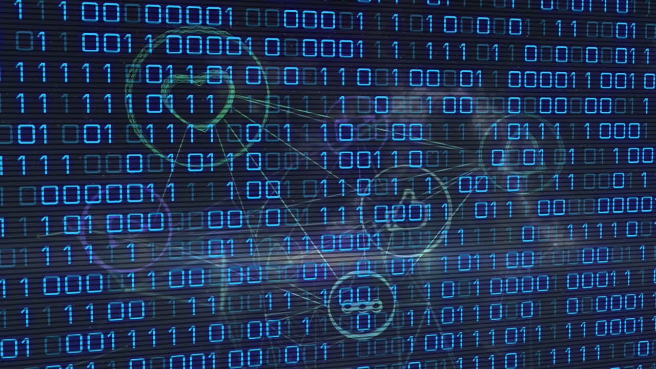 animación de codificación binaria sobre iconos de medios en fondo negro