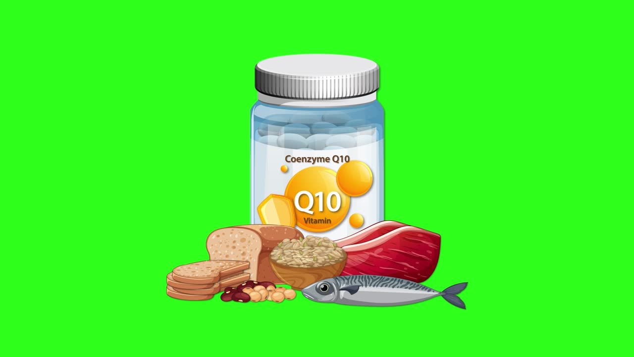 Coenzyme Q10 bottle appears with fish, nuts, and meat on vibrant green screen background