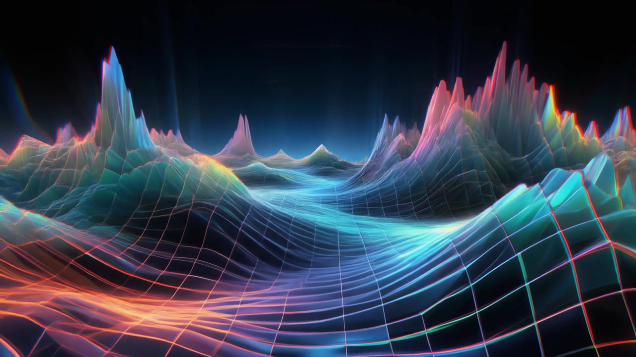Abstract Digital Landscape with Glowing Neon Wireframe Terrain