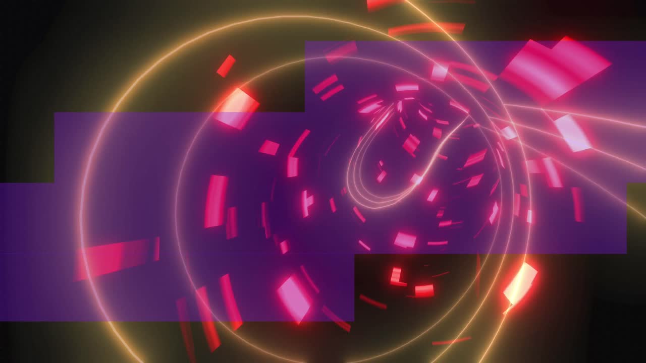 animación de un túnel hecho de luces rosadas y rojas que se mueven rápidamente sobre un fondo negro y violeta