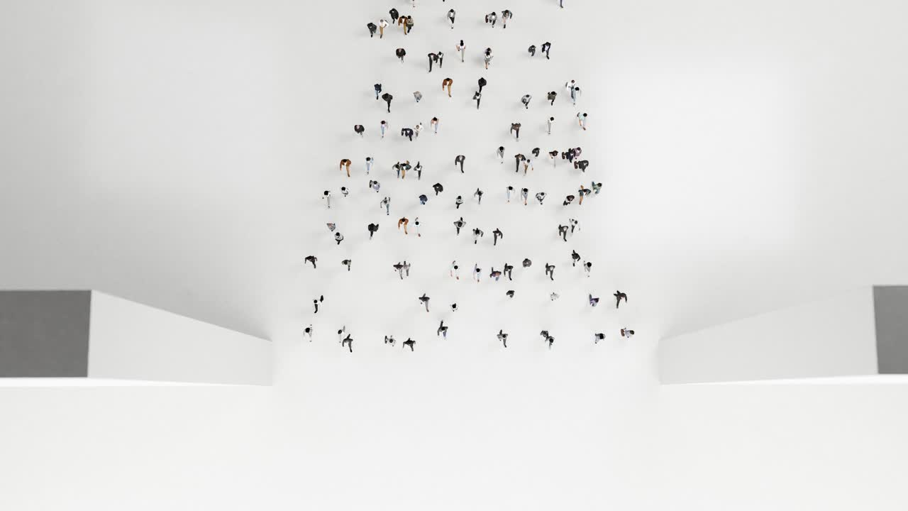 Overhead View of Miniature People Moving on White Surface
