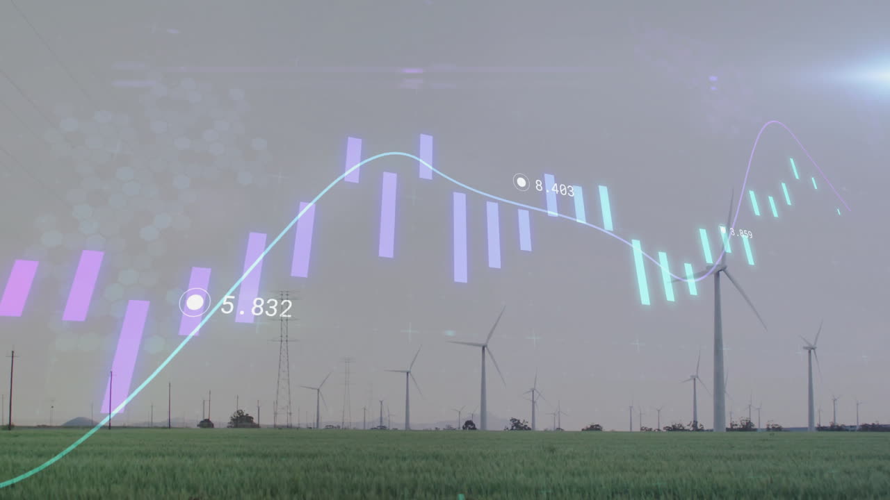 Wind turbines in field with financial data processing animation overlay