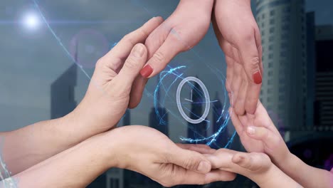 men's, women's and children's hands show a hologram 3d clock