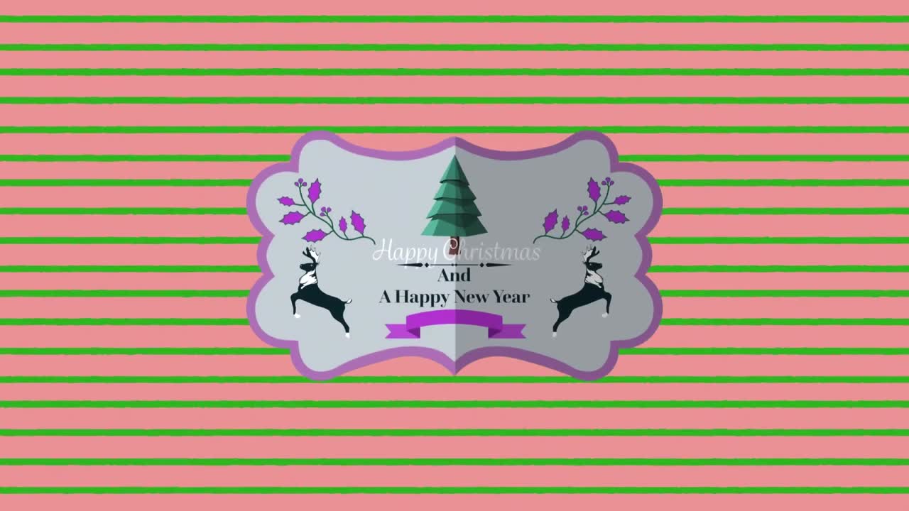 animación del texto de feliz navidad sobre rayas verdes sobre fondo rosa