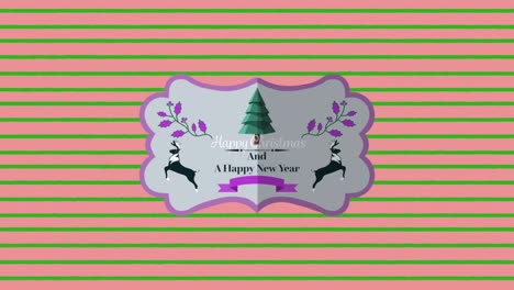 Animation-of-happy-christmas-text-over-green-stripes-on-pink-background
