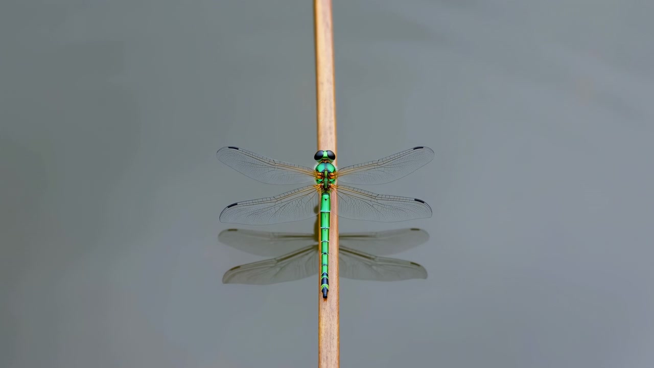 Libellula che riposa su un bastoncino, su sfondo cielo, con libellula, bastoncino, con bastoncino di legno, texture aria, da una prospettiva ravvicinata, con accenti verdi e neri, e un'atmosfera serena, dettaglio chiaro