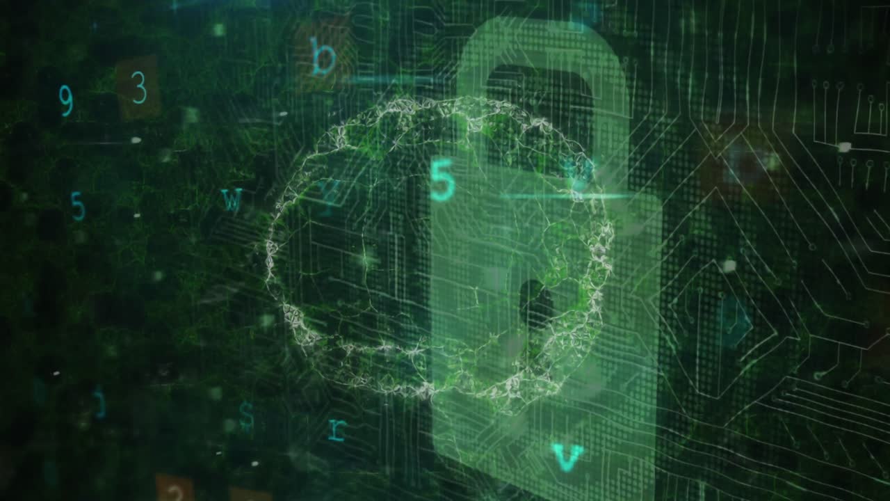 animación de alfabetos, números sobre el cerebro digital con candado y patrón de placa de circuito