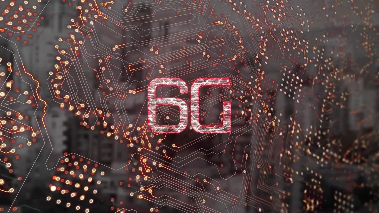 animación de texto 6g, paisaje urbano y conexiones