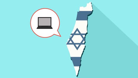 animation of a long shadow israel map with its flag and a comic balloon with laptop