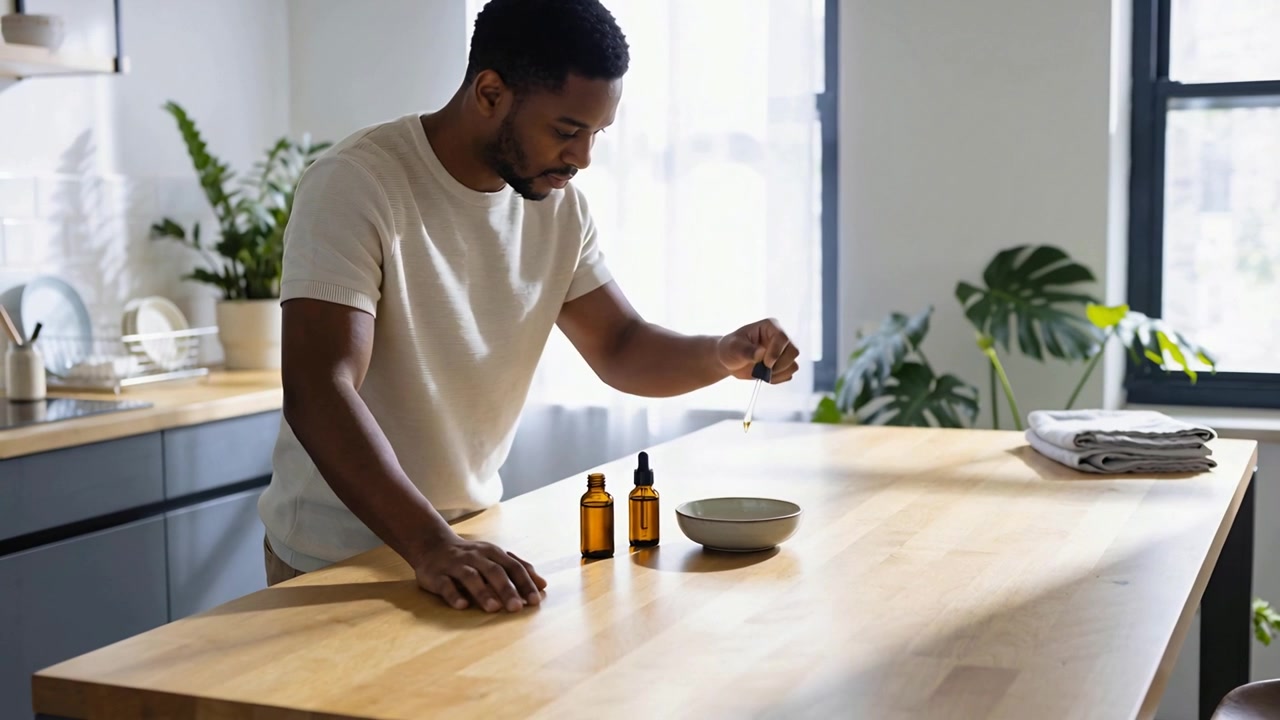Leaning man dispensing drops into bowl in kitchen mixing, using amber bottles, wearing light Tshirt