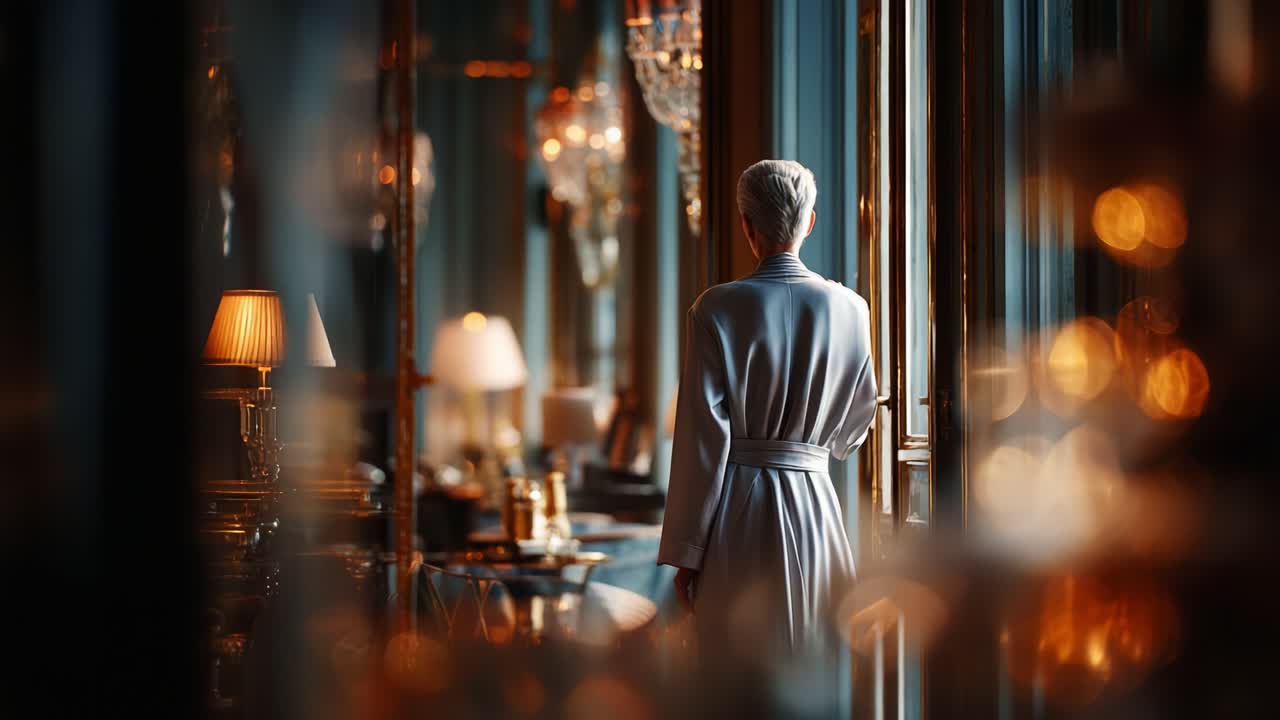 A serene figure in a luxurious robe gazes out a window, surrounded by an elegant interior adorned with shimmering chandeliers and soft, ambient lighting creating a tranquil atmosphere