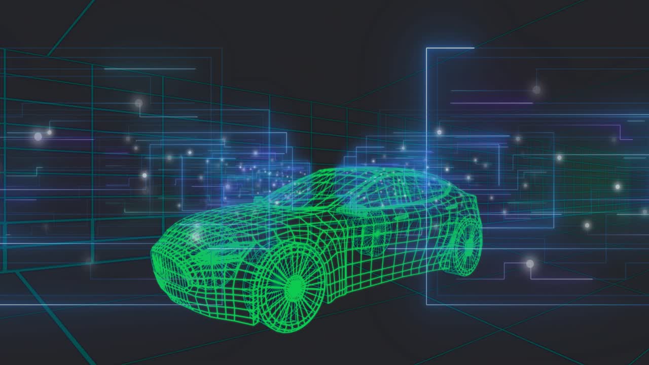 Opening showing green wireframe car centered, neon panels pulsing, lights blinking to highlight car