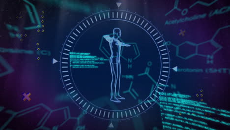 animación de procesamiento de datos y fórmula humana digital sobre química