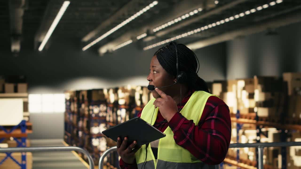 African American Woman Warehouse Worker Using Tablet and Headset