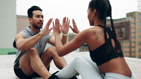 young couple, crunch workout and outdoor on roof