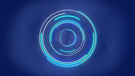 Neon-round-scanner-spinning-against-spots-of-light-against-blue-background